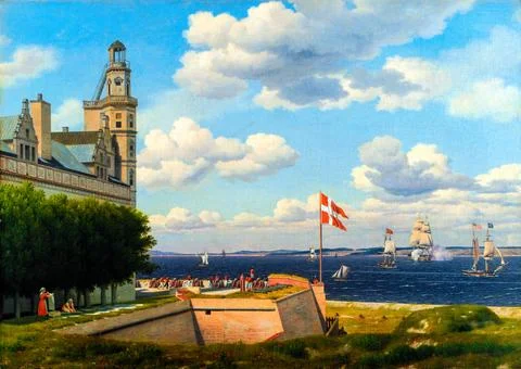 View from Kronborg Vold over the flag battery and the Sound to the Swedish .. Stock Illustration