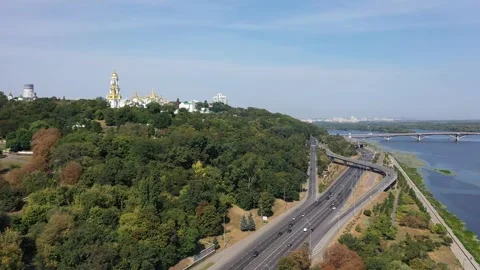 View of Kyiv with landmarks and river from high above on a clear day. Ukraine.  Video stock 340322579