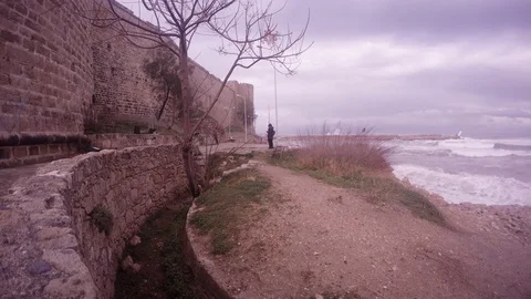 View on Kyrenia Castle and Mediterranean Sea Storm Cloudy Day on Background Stock Footage