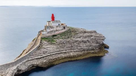 View of la Madonetta lighthouse on its island in Bonifacio in Southern Corsica Stock Photos