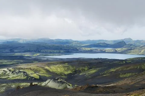 View of lakagigar area with lava fields, eruption craters and lakes, iceland Stock Photos