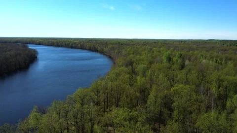 View of the lake from above. Early spring. Fishing lake with fishing platforms Stock Footage 274413717