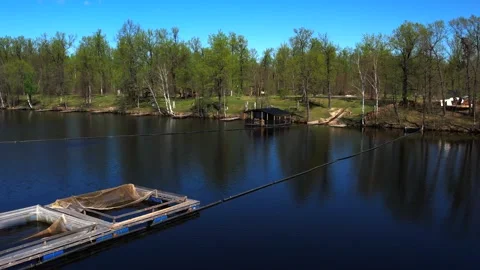View of the lake from above. Early spring. Fishing lake with fishing platforms Stock Footage 274413771