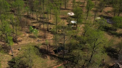 View of the lake from above. Early spring. Fishing lake with fishing platforms Stock Footage 274413826