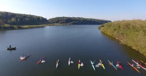View on the lake and boats - water sports Aerial Stock Footage