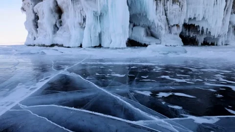 View of Lake Baikal ice with intricate cracks, Russia. Stock Footage 343672774