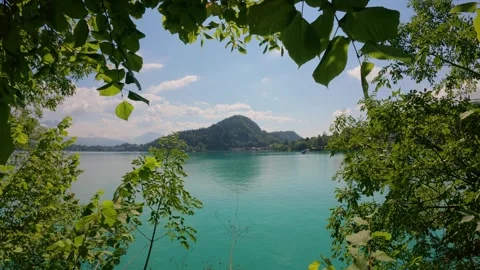 View of Lake Bled framed by lush green trees in Slovenia. Stock-Footage 341453328