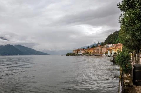 View of Lake Como in cloudy day with the buildings of Bellagio Stock Photos