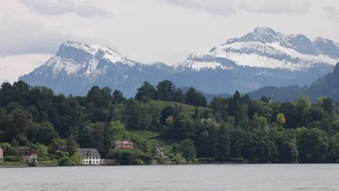 View of Lake Lucerne with snow-capped mountains, Switzerland. Stock-Footage 343670256