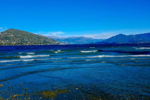 View of Lake Maggiore the second largest lake in Italy, windy day with waves Stock Photos