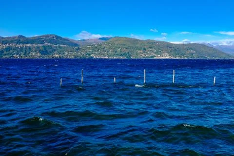 View of Lake Maggiore the second largest lake in Italy, windy day with waves Foto stock
