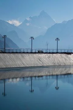 View of lake with nanda devi peak on a bright sunny day in Uttarakhand Stock Photos