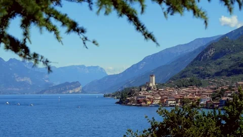View of the Lake, the Old Town with the Castle and Mountain Ranges Stock Footage 167449352