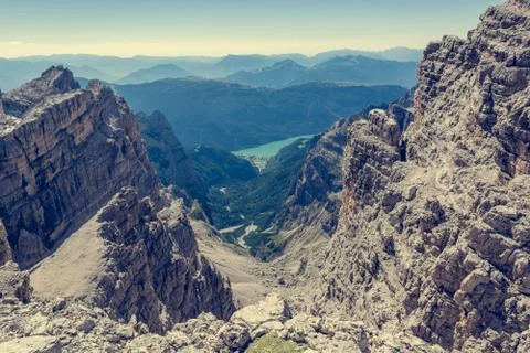 View of a lake through mountain pass. Stock Photos