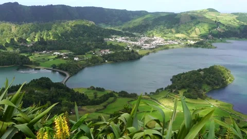 View to the lakes at Sete Sidades from the Miradouro da Boca Do Inferno Stock Footage 144247833