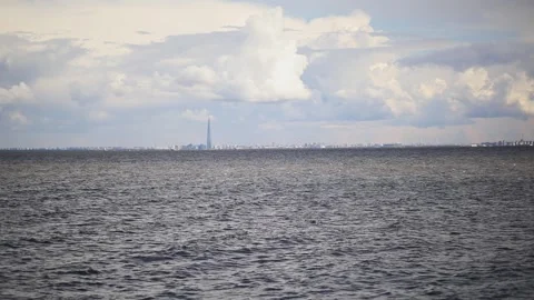 View of Lakhta Center skyline across the Gulf of Finland in Saint Petersburg Stock Footage 315536572