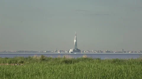 View on Lakhta Center through the Gulf of Finland in summer sunny day Stock Footage 115054129