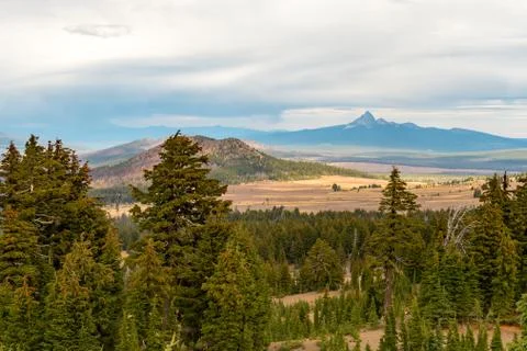 View of the landscape from one of the highest points of Crater Lake Stock Photos