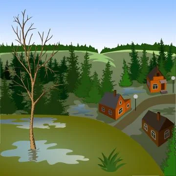 View of landscape of spring town from hil Stock Illustration