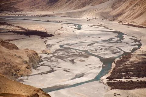 View landscape at viewpoint mountains range with nubra river when evaporated  Stock Photos