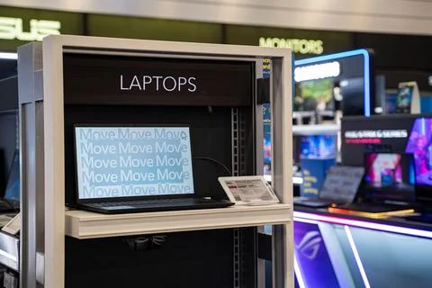 View of laptop computer on electronics store display stand. Toronto, Canada - Stock Photos