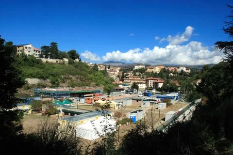 View of L'Aquila with bus parking 写真素材