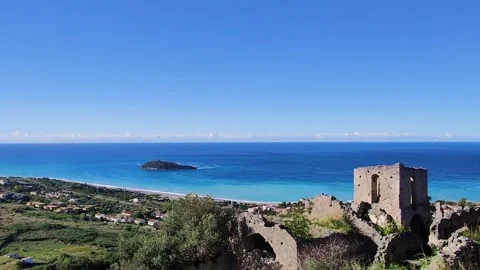 View of the Large Beach of Diamante, in the Background the Island of Cirella. Stock Footage 226739252