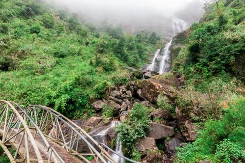 View of the large beautiful waterfall, Silver Waterfall in Sa Pa, Vietnam Stock Photos