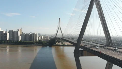 View of the large bridge over the river with busy traffic. Stock Footage 113667677