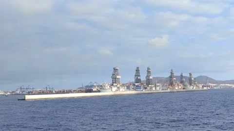 View of a large cargo loading and unloading area belonging to a city port Stock Footage 210213534