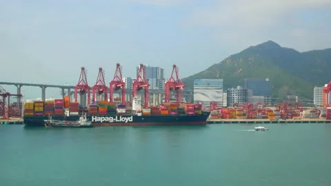View of large container ship Hapag-Lloyd alongside in port Hong Kong Stock Footage 238731764