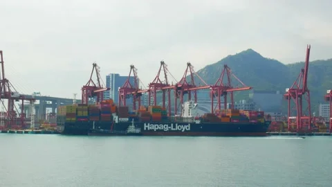 View of large container ship Hapag-Lloyd alongside in port Hong Kong Stock Footage 238733352