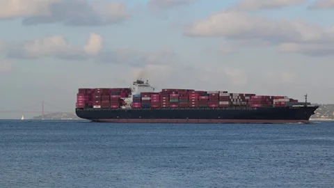 View of a large container ship sailing on the sea, Portugal. Stock Footage 343878609