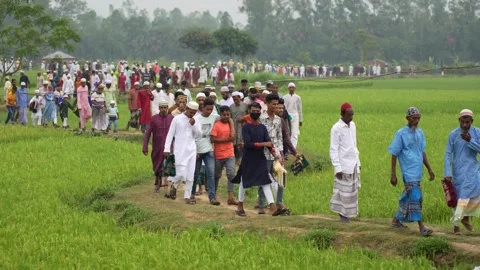 View of a large crowd walking through green fields, Bangladesh. Stock Footage 334991205