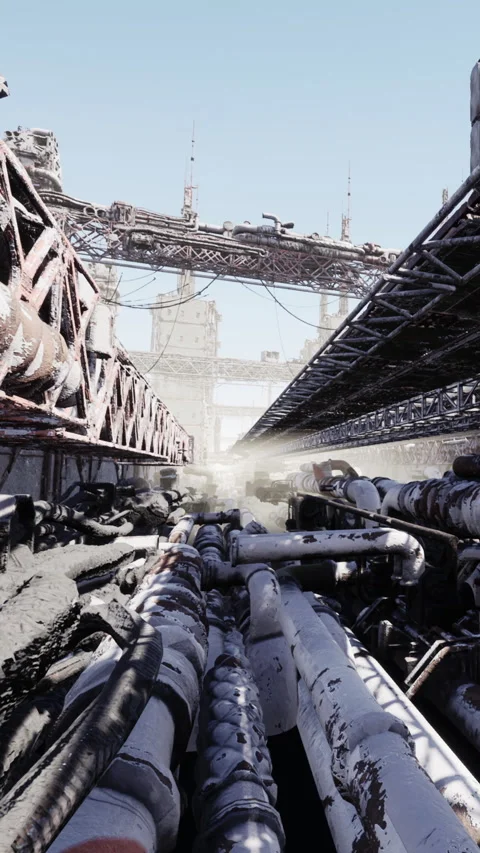 View of large industrial pipes in a construction zone filled with dust Stock Footage 337943811