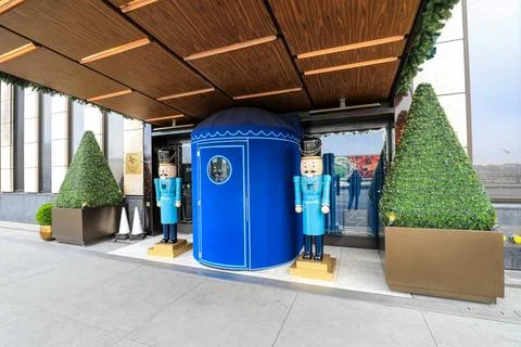 View of large, life-size Nutcracker Christmas decorations on a New York street Stock Photos