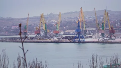 View of a large port with cranes Stock Footage 102036368