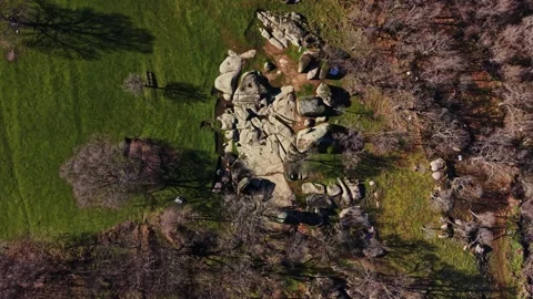 View of large rocks in a grassy area surrounded by trees during daytime Stockbeeldmateriaal 335144147