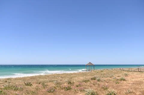 View of large sand beach at Costa de la Luz, Spain Stock Photos