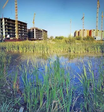 View of a large-scale construction of residential buildings Stock Photos