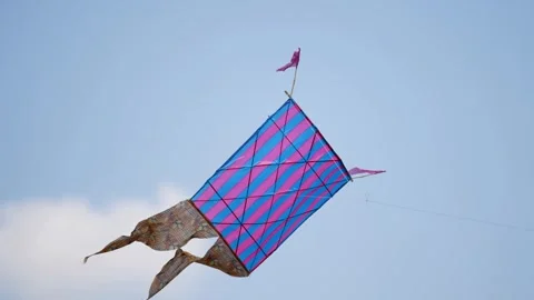 View of a large striped kite flying in the blue sky, Bangladesh. Video stock 335015331