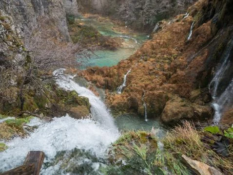 View from large waterfall in nature park Plitvice lakes 库存照片