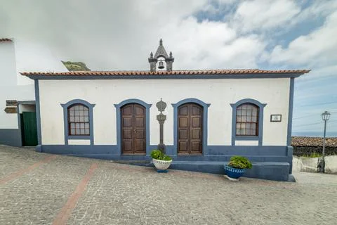 View on Largo do Outeiro, historical center and architecture on Corvo, Azor.. Stock Photos