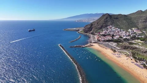 View of Las Teresitas beach and San Andres village. Tenerife. Aerial video. Stock Footage 330769409