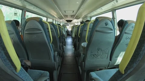 View from the last back seat in a bus with passengers and their masks Stock Footage 148474719