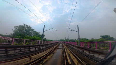 The view from the last coach of a driverless metro train Stock Footage 343198633