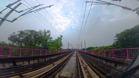 The view from the last coach of a driverless metro train Stock Footage 343198725