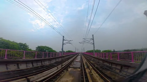 The view from the last coach of a driverless metro train Stock Footage 343198759