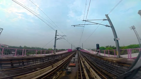 The view from the last coach of a driverless metro train Stock Footage 343199085