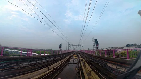 The view from the last coach of a driverless metro train Stock Footage 343199171